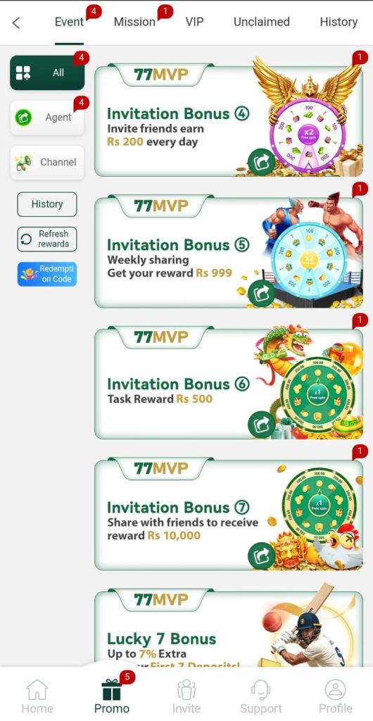 Bonuses and promotions on 77MVP